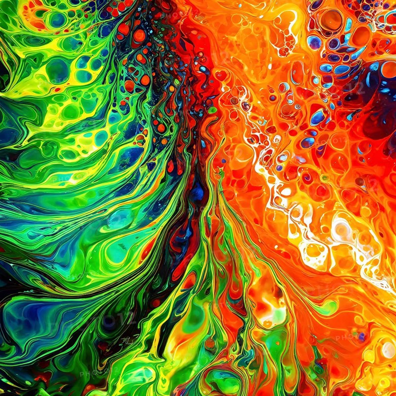 Dynamic abstract background with swirling liquid patterns and colorful light refraction, creating a psychedelic effect, AI generated