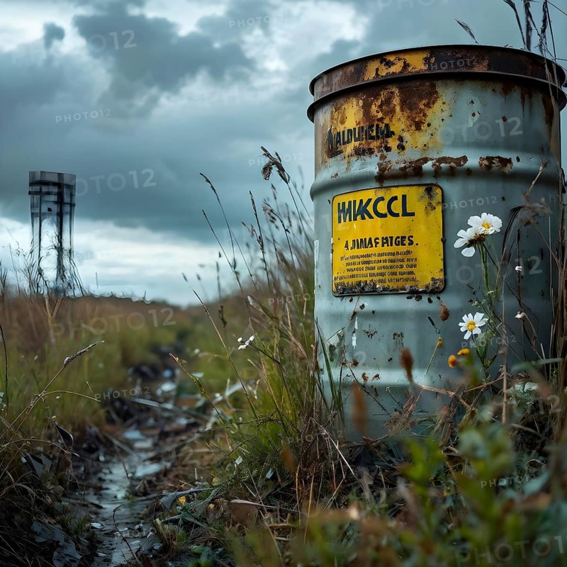 Representation of illegal nuclear waste barrel leaking radioactive material, AI generated
