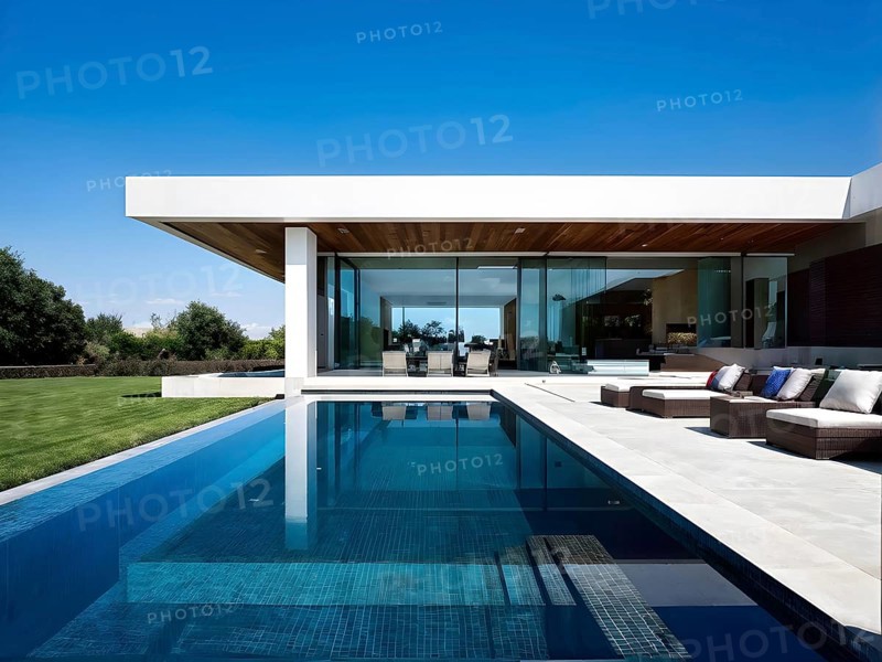 3d render of a modern sustainable house with a swimming pool, AI generated