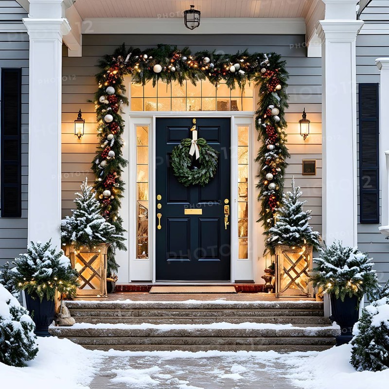 Festive front porch with holiday garlands wrapped around the columns, a wreath hanging on the door, and snow-covered steps leading up to the warmly lit entrance, AI generated