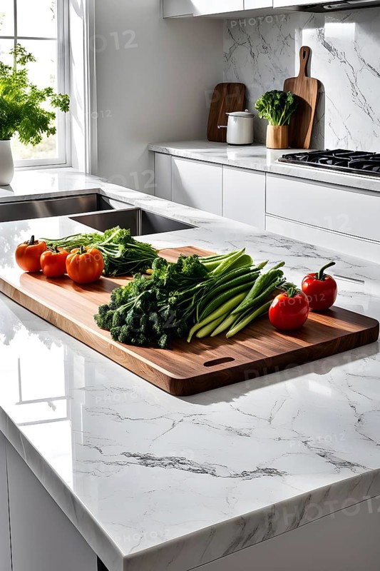 Minimalist kitchen with sleek, white cabinetry and a marble countertop, featuring a single wooden cutting board with freshly cut vegetables, AI generated