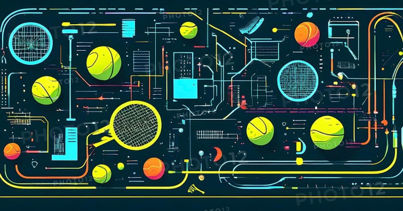 Vibrant mix of abstract circuitry intertwined with tennis balls, representing AI role in personalized sports training, AI generated