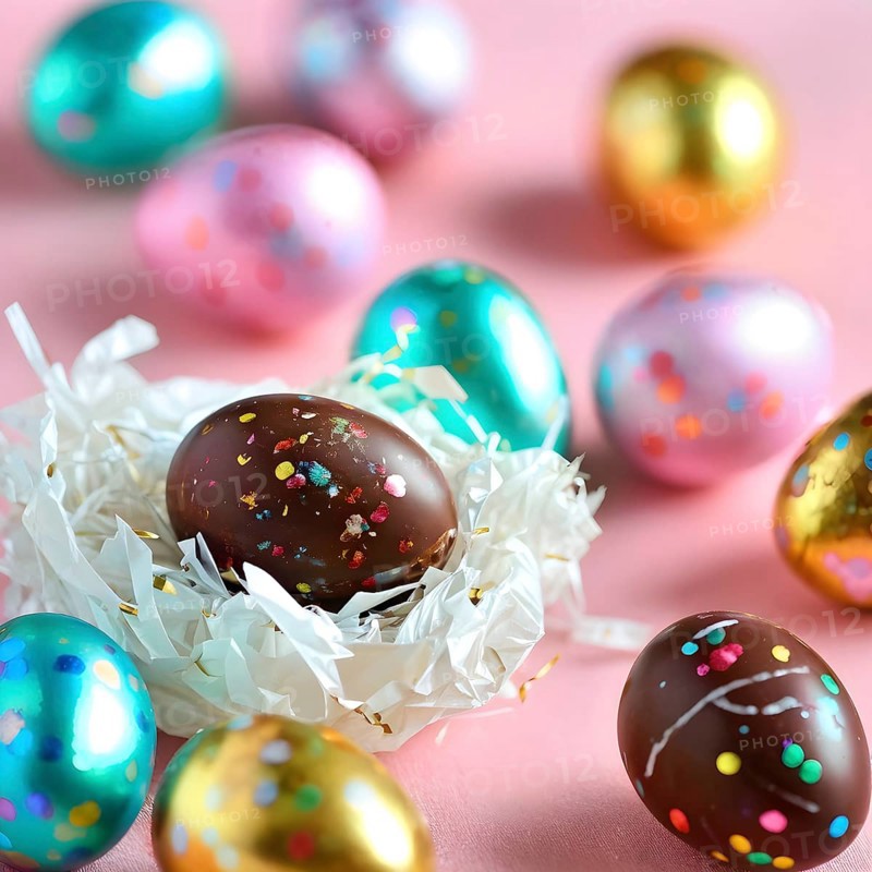 Small chocolate Easter eggs wrapped in shiny foil, placed on a bed of shredded pastel-colored paper, AI generated
