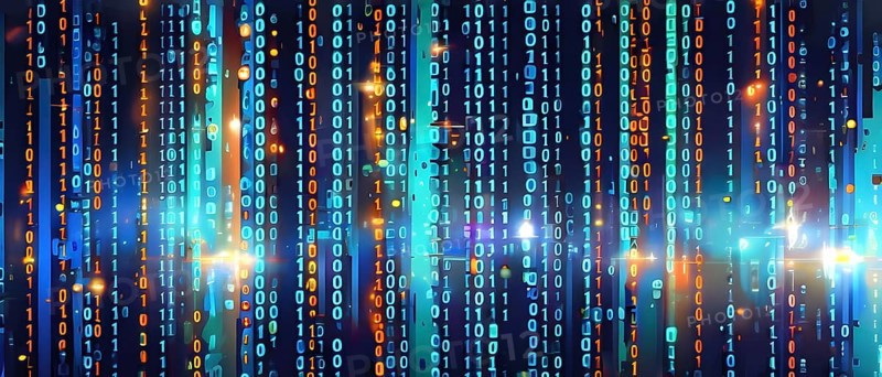 Binary code cascading down like digital rain, representing data insights, vibrant hues, AI generated