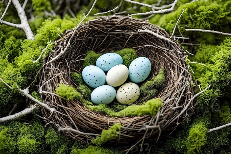 Bird nest filled with speckled eggs, nestled among fresh spring branches and soft moss, AI generated