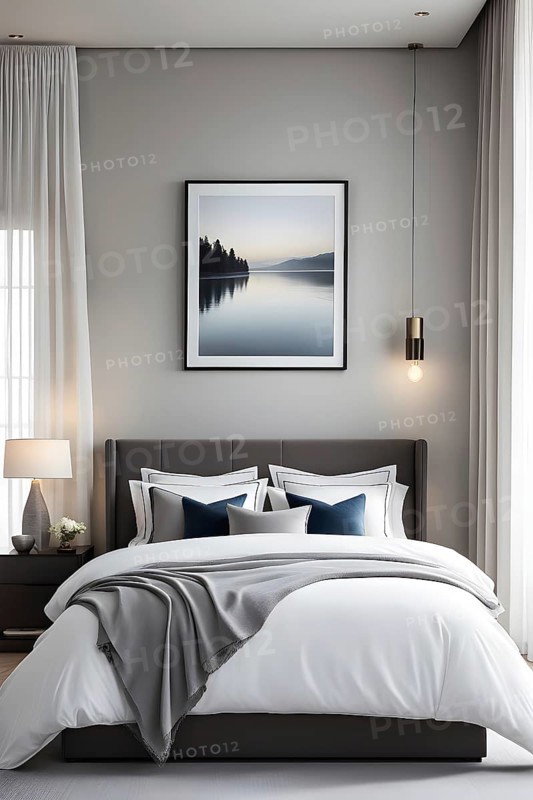 Empty modern bedroom with a large, plush bed covered in white linens, a single framed artwork on the wall, and natural light filtering through sheer curtains, AI generated