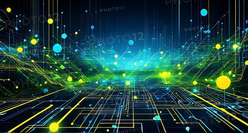 Abstract wallpaper illustration, symbol for artificial intelligence, lines, dots and pattern, vibrant yellow green and blue hues, AI generated