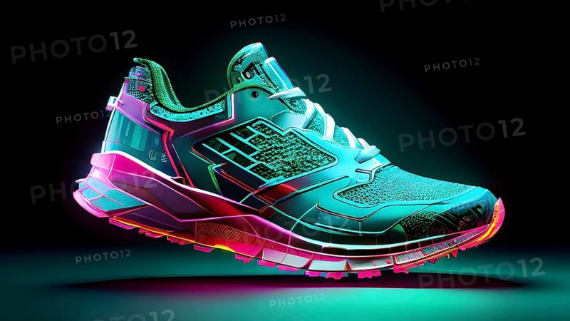 Sporting equipment, like a running shoe, breaking into pixels and data points, morphing into a network of neural nodes, AI generated