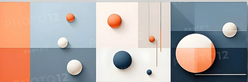 Minimalist composition of overlapping geometric shapes, such as circles, squares, and triangles, with clean lines and muted pastel colors, AI generated