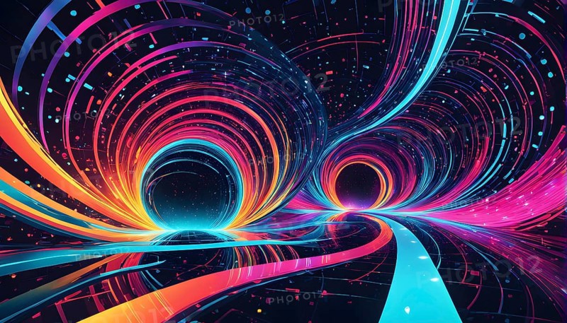 Abstract data stream flowing like liquid light, with sharp lines of code and binary numbers cascading in bright neon colors, AI generated