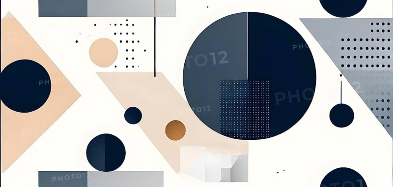 Minimalist composition of overlapping geometric shapes, such as circles, squares, and triangles, with clean lines and muted pastel colors, AI generated