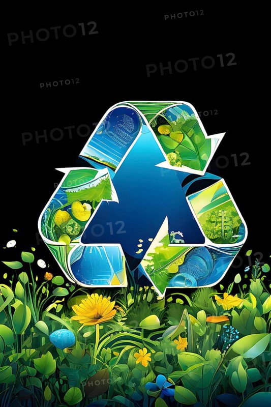 Recycling symbol morphing into growing plants and solar cells to symbolize the transformation of waste into renewable resources, AI generated