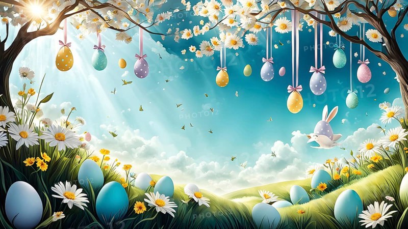 Surreal Easter scene with floating eggs, ribbons, and flowers in a dreamlike, whimsical composition of light and shadow, AI generated