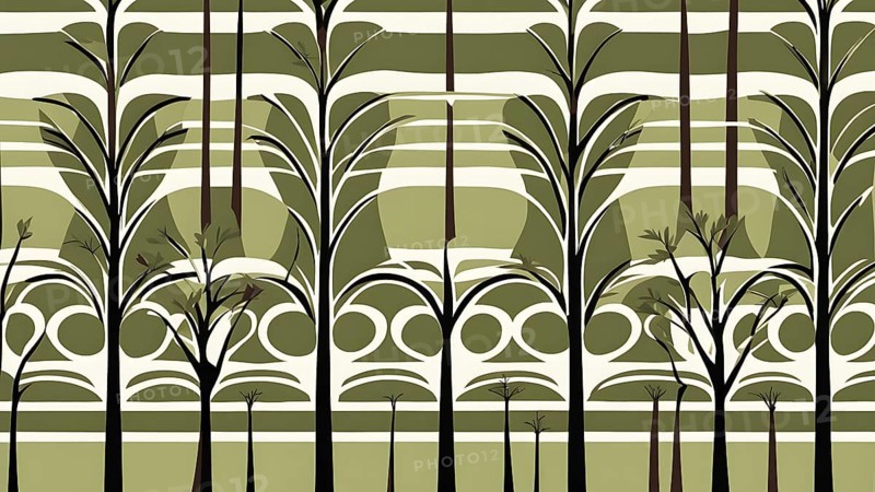 Abstract geometric tree with a circular canopy and a rectangular trunk, arranged in a clean, balanced design with a limited color palette of olive green, deep brown, and ivory, AI generated