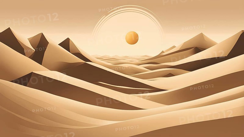 Abstract desert scene with triangular sand dunes and a single circular sun, using sharp lines and subtle gradients in neutral earth tones, AI generated