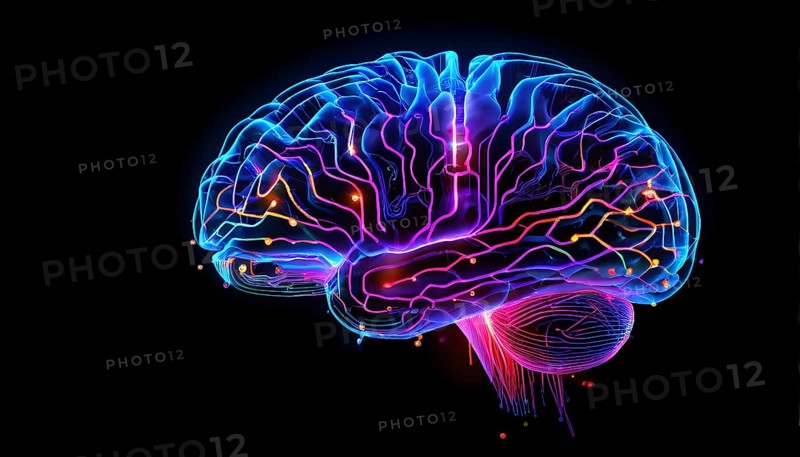 Abstract digital brain made of interconnected lines and glowing circuits in neon colors, representing artificial intelligence processing information, AI generated