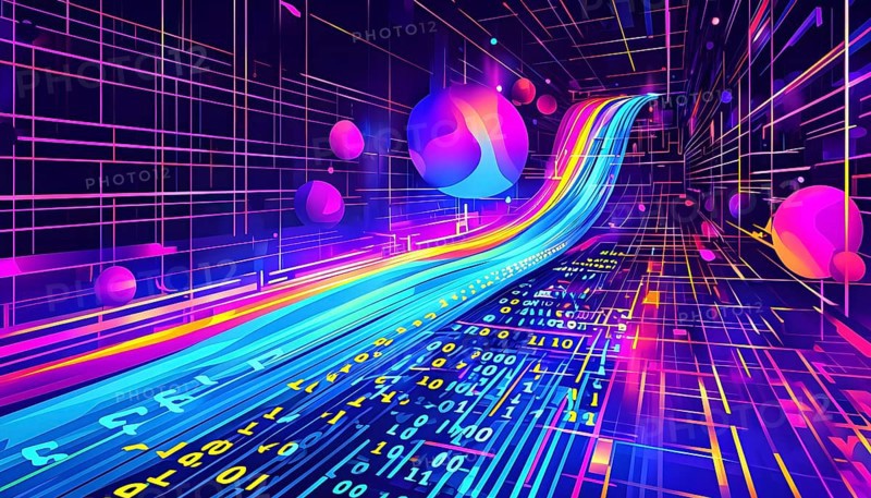 Abstract data stream flowing like liquid light, with sharp lines of code and binary numbers cascading in bright neon colors, AI generated