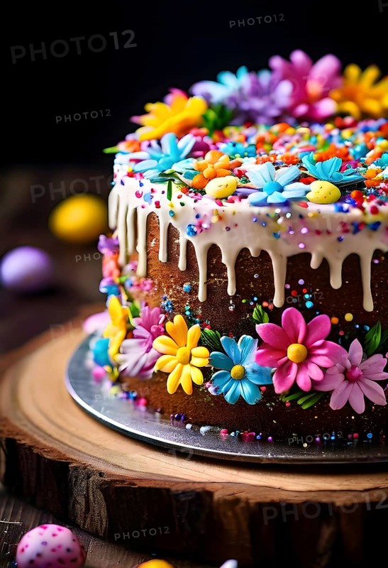 Decorated Easter cake with intricate icing flowers and colorful sprinkles, placed on a rustic wooden table, AI generated