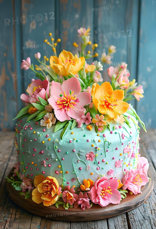Decorated Easter cake with intricate icing flowers and colorful sprinkles, placed on a rustic wooden table, AI generated