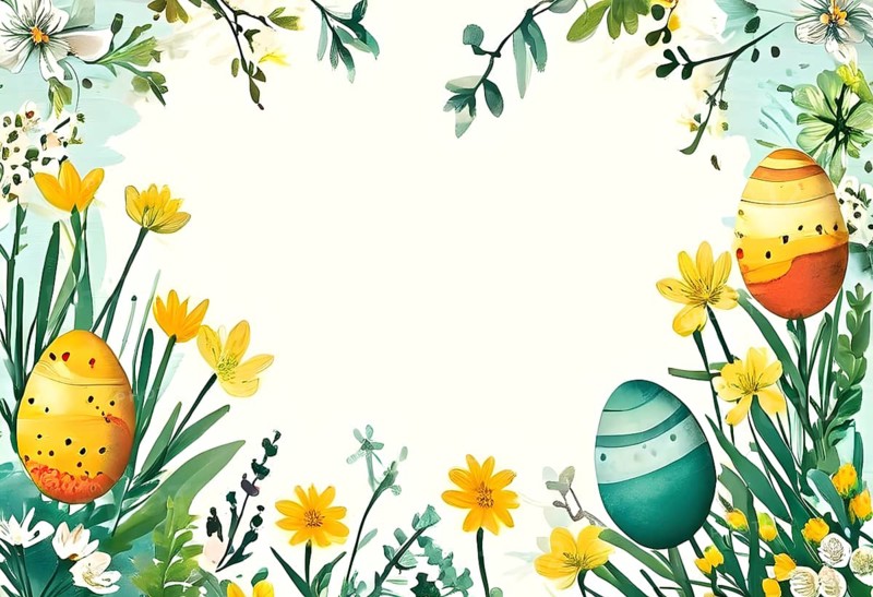 Abstract illustration of a Easter card with delicate colorful hand-drawn illustrations, empty space for text, AI generated
