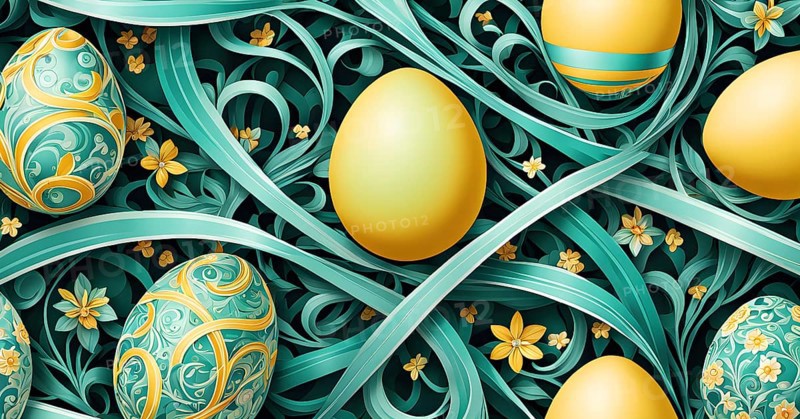 A whimsical abstract pattern with intertwined ribbons, eggs, and floral motifs, with a mix of sharp and soft lines creating depth, AI generated