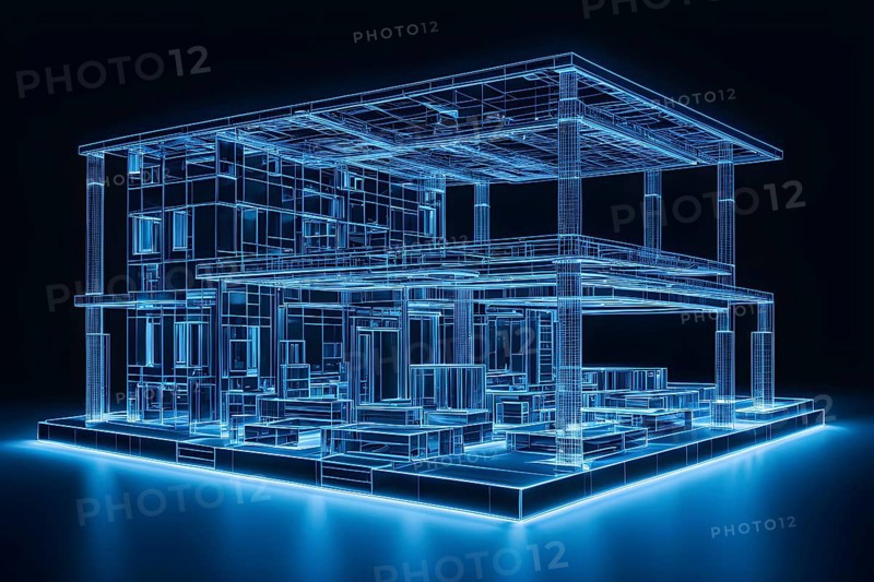 Hologram blue modern house on table, ai generated, AI generated