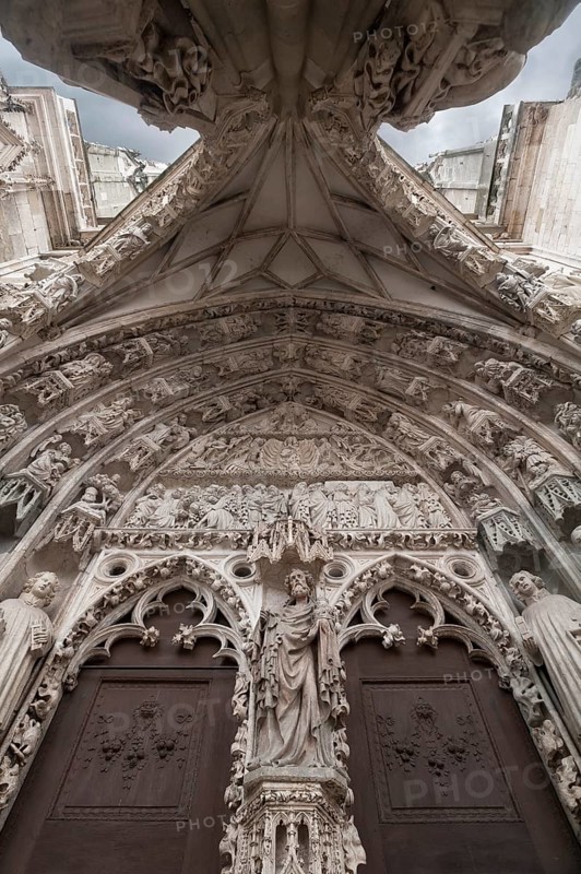 Gothic entrance portal designed with figure reliefs, 1385-1415, Regensburg Cathedral, St Peter's, start of construction 1273, Regensburg, Upper Palatinate, Bavaria, Germany, Europe