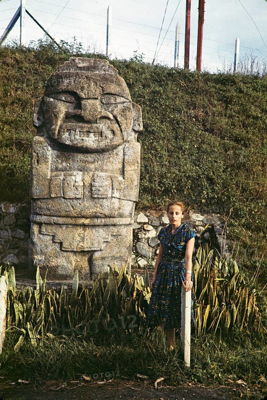 Pre-Columbian monument carved in stone in the city park, Medellin, Colombia, South America 1961, South America