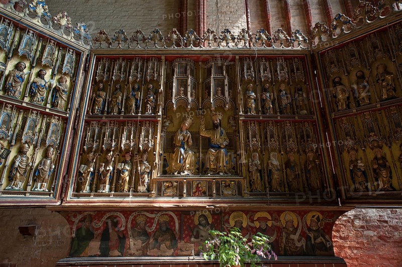 Altar retable from 1430 from St Georgen set up in St Nikolai's Church, late Gothic brick building, built between 1381 and 1487, Wismar, Mecklenburg-Western Pomerania, Germany, Europe
