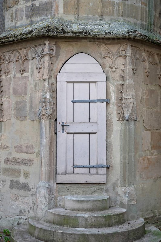 Tower door at St Vitus Church, Iphofen, Lower Franconia, Bavaria, Germany, Europe