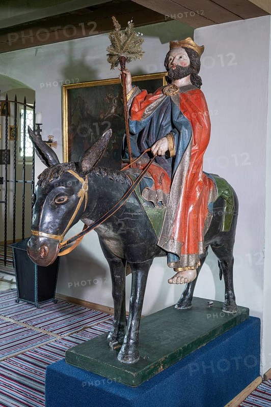 Christ on the palm donkey, wooden figure from around 1470, Church of St Jodokus, Bad Oberdorf, Oberallgäu, Bavaria, Germany, Europe