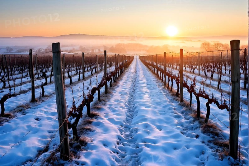 AI generated winter in the vineyard with snow blankets dormant vines and ambient light
