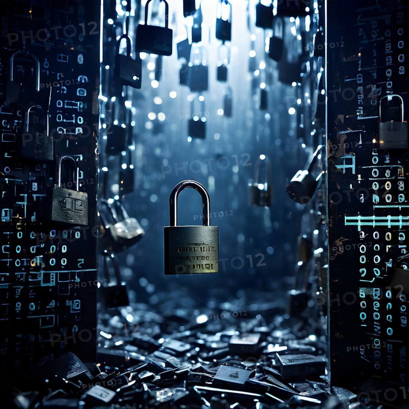 AI generated broken digital padlock shattered on a reflective dark surface strewn with traces of broken codec