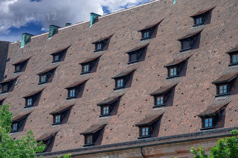 Dormer windows of the historic toll hall, built 1498-1502, former granary, Hallplatz 2, Nuremberg, Middle Franconia, Bavaria, Germany, Europe