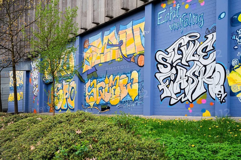 Grafitti on a district sports hall, Siegen, North Rhine-Westphalia, Germany, Europe