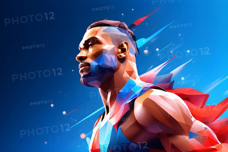 Abstract digital render of a male olympic athlete morphing into fluid shapes in french tricolor blue white and red, AI generated, Paris, Paris, Olympic Games
