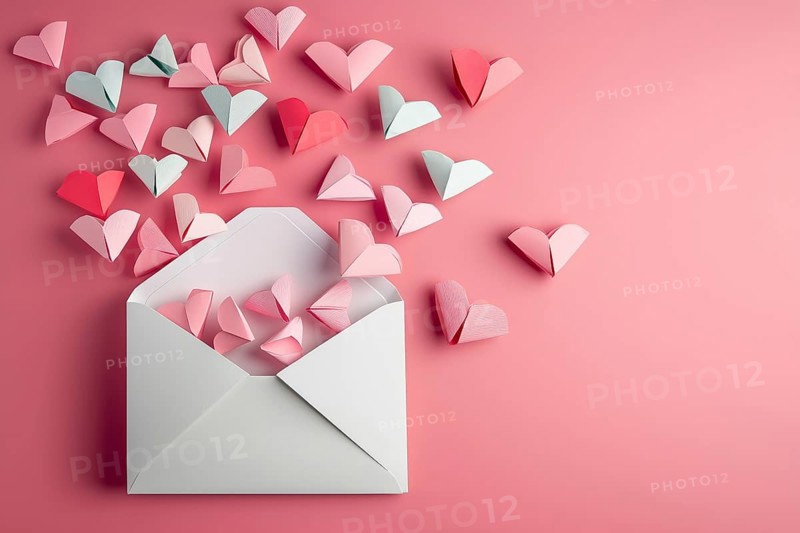 Valentine's Day love letter with envelope and hearts on pink background generated with copy space Copyspace in Stuttgart, Germany, KI, AI generated, Europe
