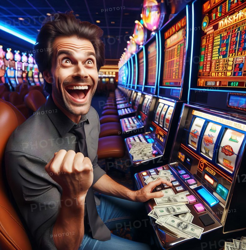A man sits cheering in a casino, symbolic image gambling addiction, addiction, gambling, gambling den, debt, money, finance, AI generated, AI generated