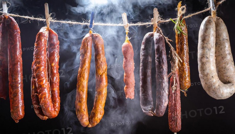 Food, various smoked sausages hanging on a string next to each other in the smoker, AI generated, AI generated