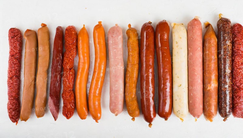 Food, meat products, various sausages on a white surface AI generated, AI generated