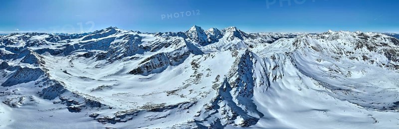 Aerial view, snow-covered mountain landscape, view of Cevedale, Ortler, Monte Zebrù, Königsspitze in the Ortler group, Trento, Italy, Europe