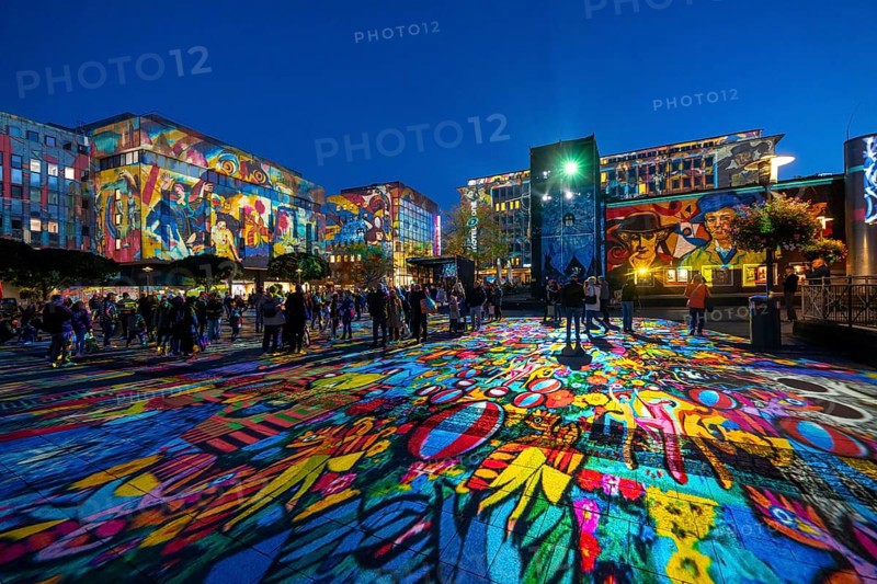 Essen Light Festival, in the city centre, light art on Kennedyplatz, the Berlin artist Daniel Margraf illuminates the large square in the city centre with works of art from the Essen Folkwang Museum, the visitors become part of the pictures that change with every step. North Rhine-Westphalia, Germany, Europe