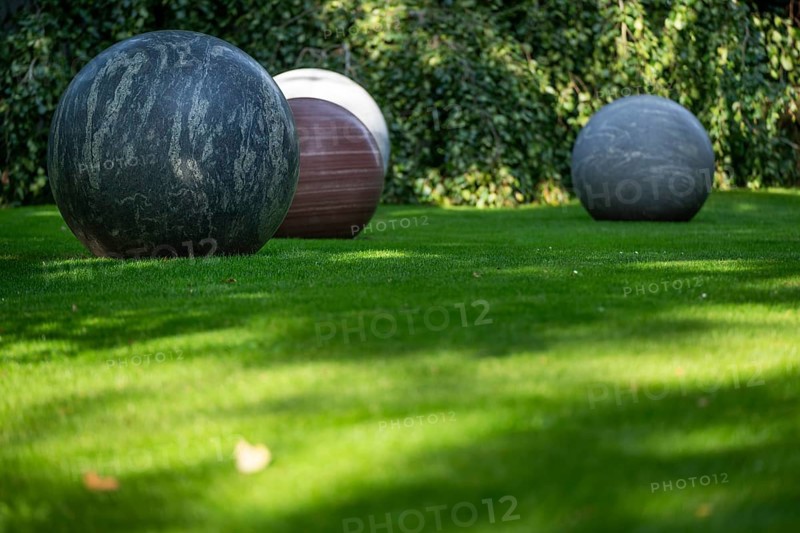 Sculpture Pars pro Toto, stone balls by Alicja Kwade, Sculpture Park, Louisiana Museum of Modern Art, Humlebæk, Nivå Bugt, Hovedstaden, Øresund Coast, Denmark, Europe