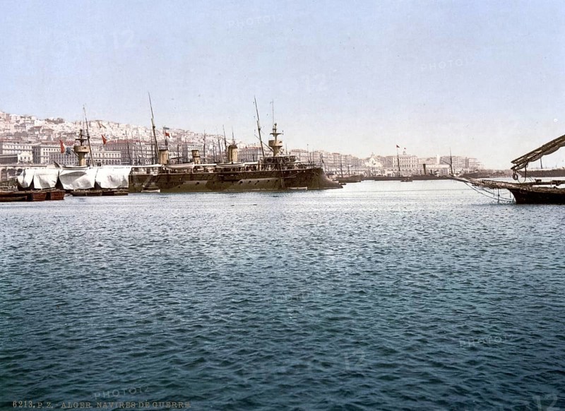 Harbour with warships, Algiers, Algeria, ca 1890, Historical, digitally restored reproduction from a 19th century original, Record date not stated, Africa