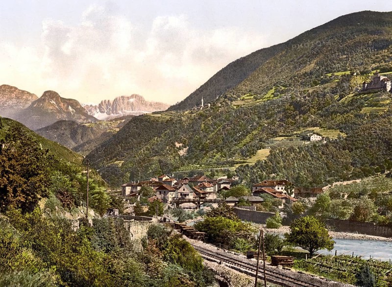 View of the rose garden, a mountain range of the Dolomites in South Tyrol, formerly Austria-Hungary, today Italy, Historical, digitally restored reproduction from a 19th century original, Record date not stated