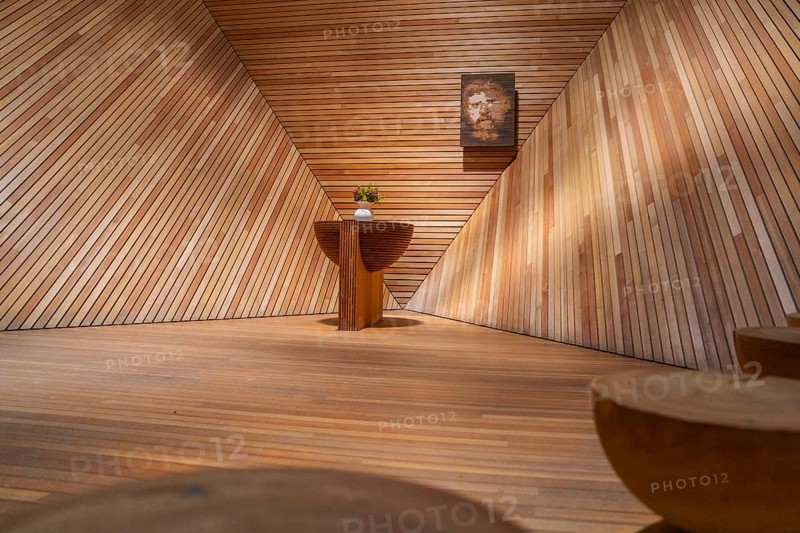 Interior with wood panelling, altar table, flowers and a cross, minimalist design, Penken, Zillertal, Austria, Europe