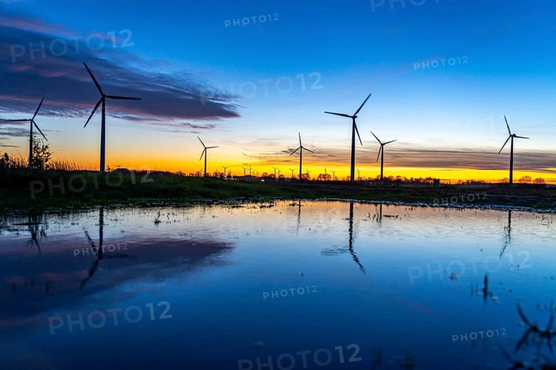 Wind farm near Holzweiler, town of Erkelenz, wind turbines, rain puddle, North Rhine-Westphalia, Germany, Europe