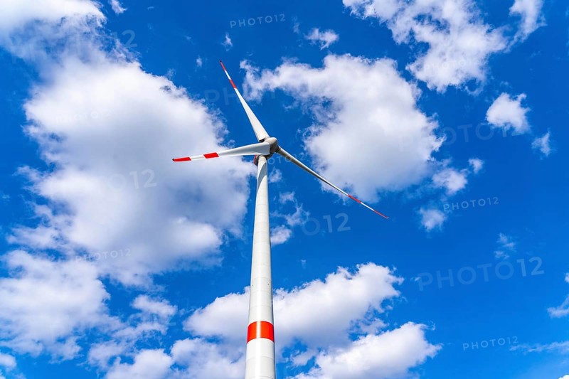 Wind turbine, wind energy plant, type Enercon E-103, rated power 2, 350, 0 kW, rotor diameter 103 metres, in front of a blue sky with clouds, North Rhine-Westphalia, Germany, Europe