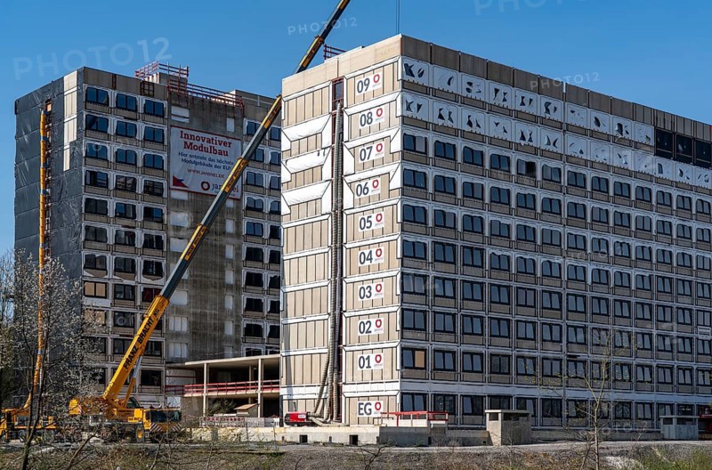 Construction site of the Community Campus, 737 student flats, each 20 square metres in size, fully furnished, in modular construction, using prefabricated room modules, by the Dutch modular building contractor Jan Snel, largest modular building in Europe, Bochum North Rhine-Westphalia, Germany, Europe