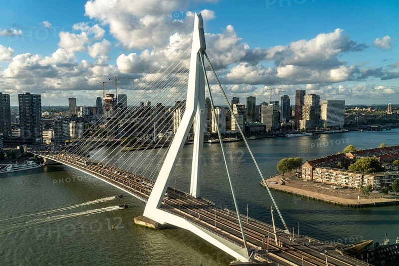 The skyline of Rotterdam, with the Erasmus Bridge over the Nieuwe Maas, Netherlands